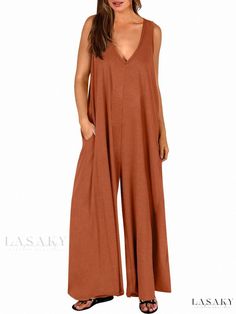 Lasaky - Stylish Casual Overall Jumpsuit with Thin Fabric and Pockets Pocket Jumpsuit, African Prints, Brown Pants, Elastic Waist Pants, Type Of Pants, New Arrival Dress, Belleza Natural, Wide Leg Jumpsuit, Straight Pants