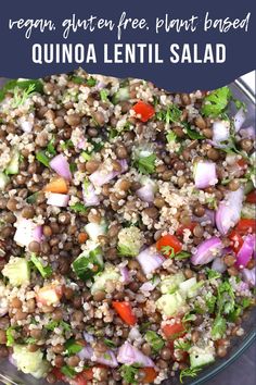 a bowl filled with quinoa lentil salad