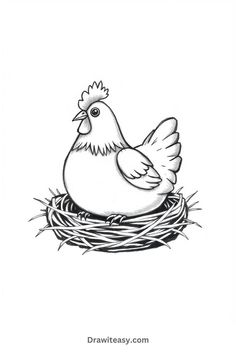 A pencil drawing of a hen sitting in a nest, with a content expression and feather details. Chicken Drawing Simple, Drawing Simple Ideas, Chicken Doodles, Cute Chicken Drawing, Black And White Chicken, Black And White Chickens, Chicken Drawing, Cute Chicken, Drawing Tutorials For Beginners