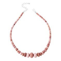 Jay King Sterling Silver Australian Pink Opal 18" Bead Necklace Natural pink Australian opal beads, strung in a simple, graduated silhouette, bring a pretty touch of pastel color to your neckline. From Jay King.       Approx. 18"L x 11/16"W with 2-3/4" extender     Stamped .925     Hook closure     Necklace has rondelle-shaped pink opal beads strung in graduated profile   Stone Information       All sizes and weights approximate     Stabilized Pink Opal - Rondelle (5x3mm to 18x11mm); mined in Australia Single Strand Pink Opal Necklace With Round Beads, Pink Opal Round Beads Necklace, Pink Single Strand Round Beads Necklace, Pink Single Strand Necklace With Round Beads, Pink Hand-strung Round Bead Necklaces, Pink Hand-strung Round Beads Necklace, Pink Necklaces With Spacer Beads, Adjustable Hand-strung Pink Necklace, Jewelry King