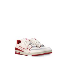 LOUIS VUITTON® - Lv Trainer Sneaker - Red Basketball Inspiration, Zapatillas Louis Vuitton, Lv Trainers, Lv Trainer Sneaker, Designer Sneakers Women, Fall Winter Essentials, Louis Vuitton Sneakers, Spring Sandals, Leather Denim