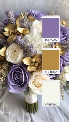 a wedding bouquet with purple, white and gold flowers in the center is featured against a gray background