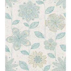 a wallpaper with blue flowers and leaves on it's side, in shades of green