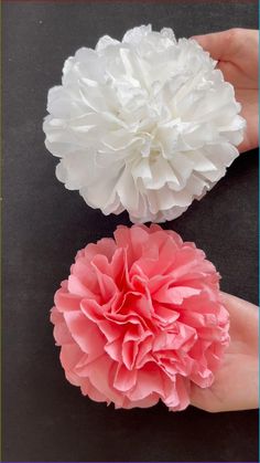 two pink and white paper flowers held in their hands