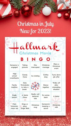 christmas in july, new for 2021 with the holidays movie bingo game on it