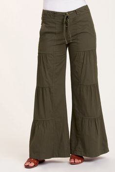 Terraced Wide Leg Pant in Olive - It's back by popular demand: our signature terraced ruched wide leg pant, with a flat drawstring waist, back elastic, zip fly and side seam pockets. Cotton Bottoms With Gathered Waist, Relaxed Fit Wide Leg Bottoms With Drawstring, Stretch Wide Leg Cargo Pants With Drawstring, Stretch Full Length Wide Leg Pants With Drawstring, Stretch Full-length Wide Leg Pants With Drawstring, Spring Wide Leg Bottoms With Functional Drawstring, Relaxed Fit Cotton Bottoms With Gathered Waist, Cotton Bottoms With Relaxed Fit And Gathered Waist, Versatile Wide Leg Pants With Drawstring