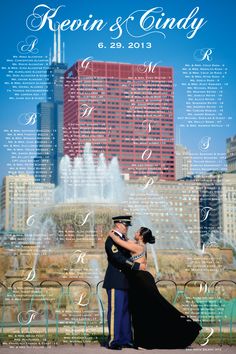 a wedding poster with the names and date for each couple in front of a fountain