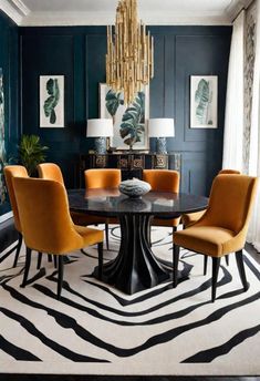 an elegant dining room with blue walls and zebra print rug on the floor, gold chandelier