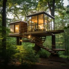 a tree house in the woods with stairs leading up to it's second floor