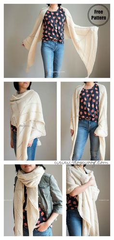 four different pictures of the same woman's shawl, one with an open front and