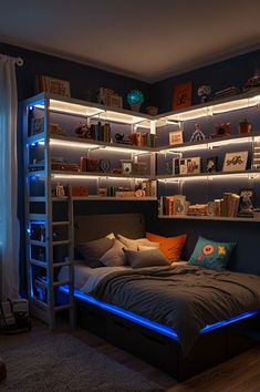 a bedroom with bookshelves and shelves above the bed, along with lights on both sides