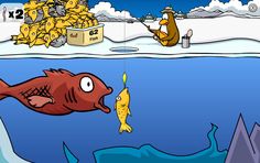 a cartoon fish is hooked up to a fishing hook in the water with another fish nearby