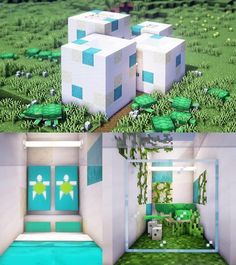 two different views of the same room in minecraft, one with green grass and another with white walls