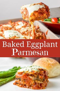 baked eggplant parmesan is being lifted from a casserole dish