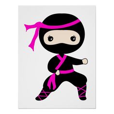 a cartoon ninja girl with pink ribbon on her head and black outfit, holding a baseball bat