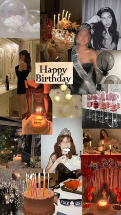 a collage of photos with candles, cake and woman in black dress standing next to table