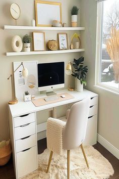 A modern and cozy home office with minimalist decor and a serene atmosphere. Women Office Interior Design, Neutral Home Office Decor, Girl Office Ideas, Chic Office Ideas, Office Decor Professional Woman, Office Decor Women, Minimalist Workspace, Guest Room Office Combo