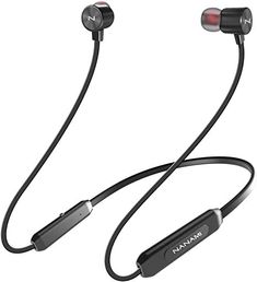 the in ear headphones are black and red