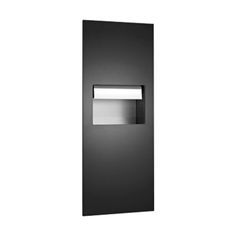 a black door with a white light on the front and bottom panel is open to show an empty toilet paper dispenser