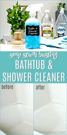 bathroom and shower cleaner before and after using sunburnt to clean the bathtub