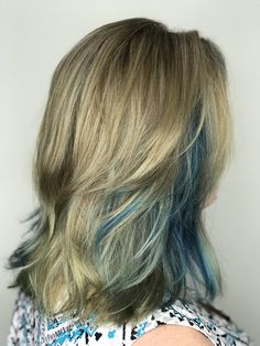 Blonde hair / denim highlights / blue streaks / manic panic pro / cut it long /  #cutitlong #manicpanic #denimhair Blonde Hair Blue Underlayer, Blonde Hair Blue Underneath, Blue Lowlights In Blonde Hair, Blue Hair Streaks Blonde, Blue In Blonde Hair