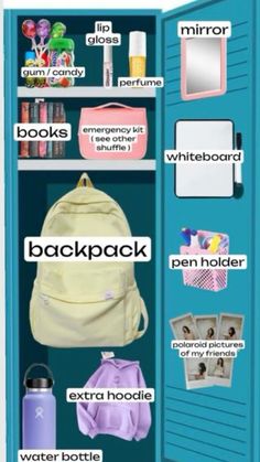 an open blue locker with various items on it and the words back pack written below