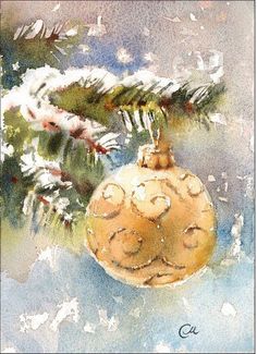 a watercolor painting of a christmas ornament hanging from a pine tree branch