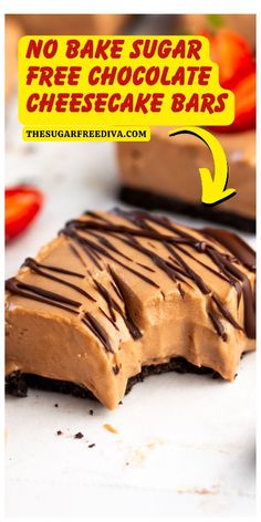 no bake sugar free chocolate cheesecake bars on a cutting board with text overlay