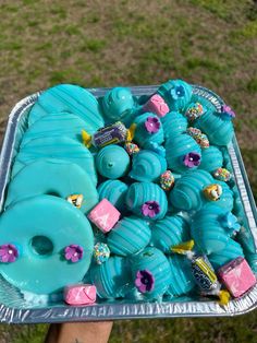 a tray filled with blue donuts on top of a grass covered field next to a person's hand