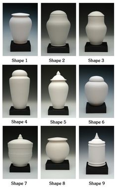 the different sizes and shapes of vases are shown in multiple pictures, each with an individual's name on it