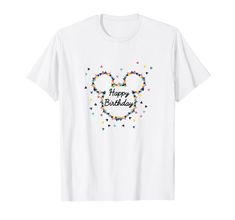 a white t - shirt with the words happy birthday written in hearts and stars on it