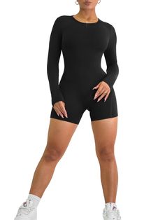 Description: NOW PADDED! Look sophisticated and confident in this Open Back Long Sleeve Romper. Featuring an open back, it's elegant yet comfortable and perfect for working out. All of our rompers & jumpsuits are made out of high quality blends of nylon and are guaranteed to shape your figure while providing high comfort and sweat resistance. Sizing: We recommend sizing up if you are 5'4 or taller. Color: Black Fabric: Premier Buttersoft Seamless Cute School Fits, Backless Long Sleeve, Mini Jumpsuit, Look Sophisticated, Short One Piece, Backless Romper, Black Fitness, Short Romper, Romper Black