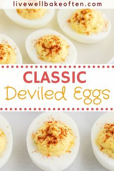 deviled eggs with cinnamon sprinkles on them and the words classic deviled eggs