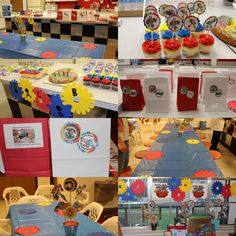 there are many cupcakes on the table and in front of the cake display