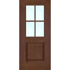 a brown door with three panes on the side and one window in the middle