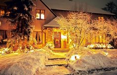 a house is lit up with christmas lights in the front yard and trees covered in snow