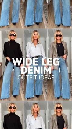 Jeans Ideas For Women, Converse With Wide Leg Jeans, Wide Leg Jeans Women Outfit, Wide Jeans Styling, Wide Leg Jeans Dressed Up, Wide Leg Jeans With Heels Outfits, Outfit Ideas With Jeans Casual, Wide Leg Crop Jeans Outfit 2024, Classic Denim Outfits