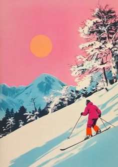 a person riding skis down a snow covered slope under a pink sky with mountains in the background