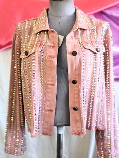 One Of A Kind Embellished Denim Jacket  -Size L -Denim  -Studs -Rhinestones  -3D Embelleshed -Sweett Boho Chic Accessories, Easy Diy Clothes, Pink Denim Jacket, Embellished Denim Jacket, Denim And Diamonds, Embellished Jacket, Pink Denim, Embellished Denim, Jeans Diy