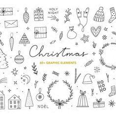 hand drawn christmas elements in black and white on a white background with the words,'christmas