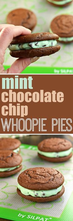 mint chocolate chip whoopie pies on a cookie sheet with text overlay