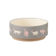 a grey bowl with pink cats on it