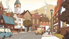 an animated city street scene with cars, buildings and people walking on the side walk