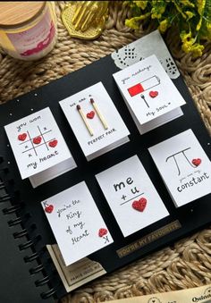 four note cards with the words i love you, me and u written on them