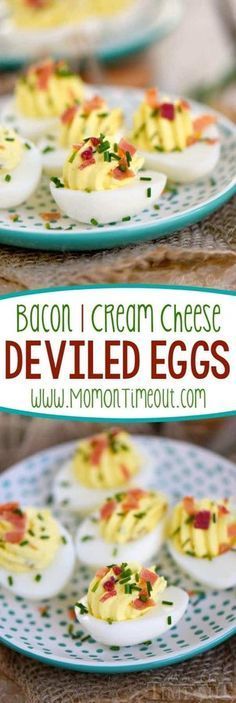 deviled eggs with bacon and cream cheese on them