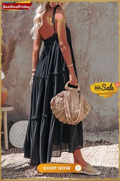 Flowy Tiered Slip Maxi Dress Flowy Black Dress, Slip Maxi Dress, Neutral Heels, Causal Dresses, Spaghetti Strap Maxi Dress, Puff Long Sleeves, Neck Bodycon Dress, Flowy Maxi Dress, Tiered Midi Dress