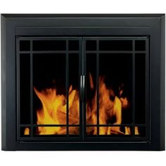 a fire burning in a fireplace with glass doors