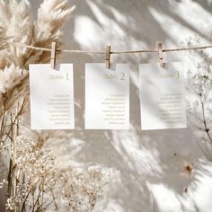 three white tags hanging from a clothes line with some dry grass in the foreground