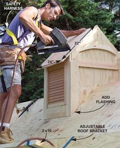 a man working on the roof of a house with tools attached to it and instructions about how to use an electric nailer