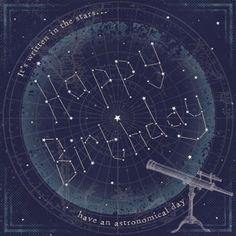 the zodiac sign is shown in front of a blue background with stars and an astronomical telescope